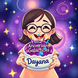 An animated illustration of a girl wearing glasses, joyfully holding a birthday cake that features a galaxy design
