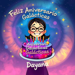An animated illustration of a girl wearing glasses, joyfully holding a birthday cake that features a galaxy design