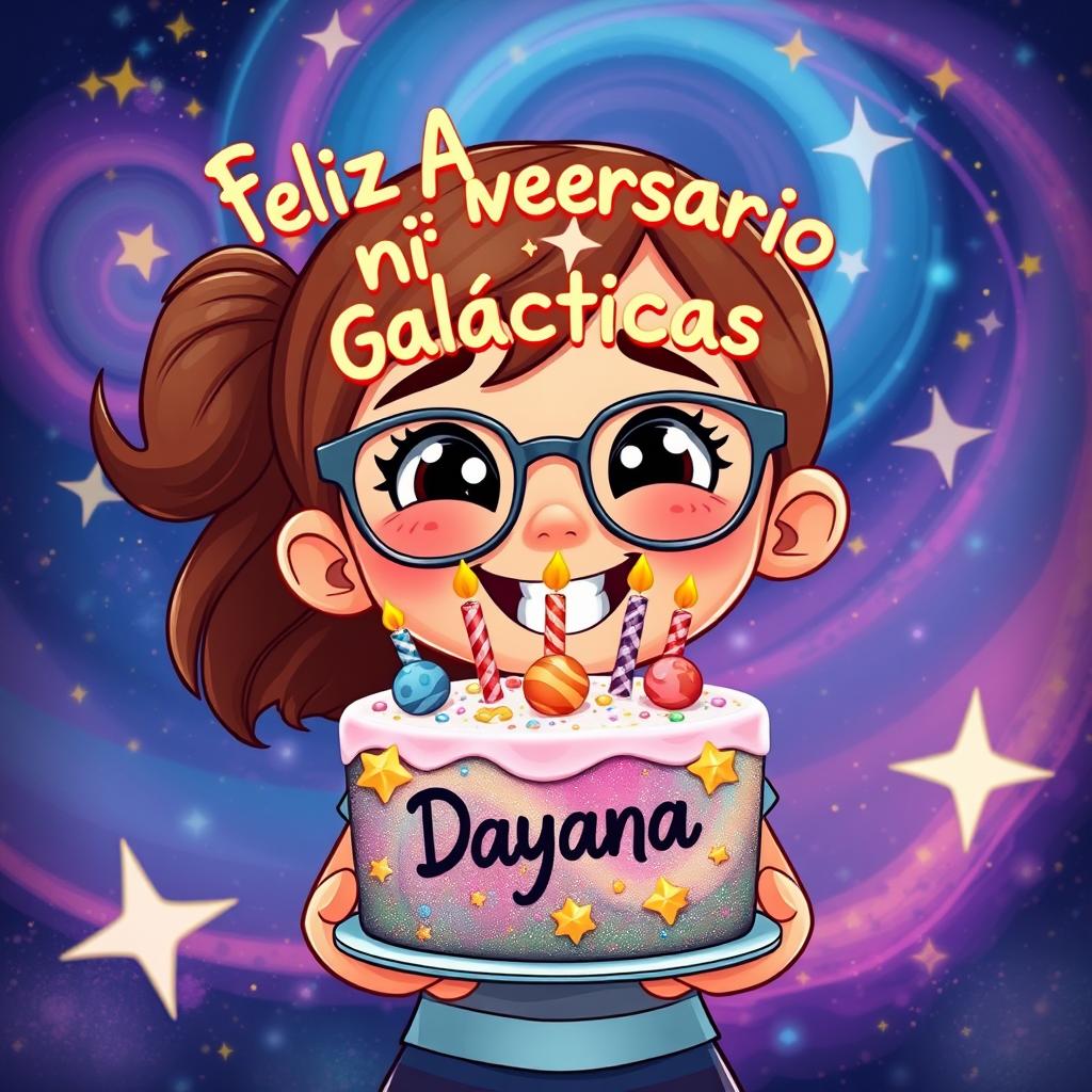 An animated illustration of a girl wearing glasses, joyfully holding a birthday cake that features a galaxy design
