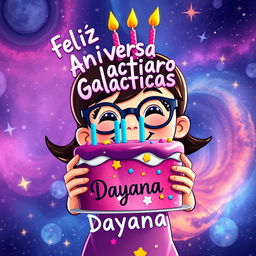 An animated illustration of a girl wearing glasses, joyfully holding a birthday cake that features a galaxy design
