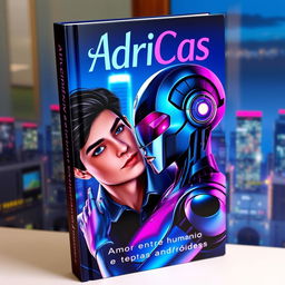 A captivating book cover for 'AdriCas - Amor entre humanos e andróides', featuring a futuristic cityscape in the background, illuminated by neon lights