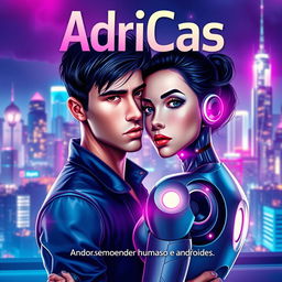 A captivating book cover for 'AdriCas - Amor entre humanos e andróides', featuring a futuristic cityscape in the background, illuminated by neon lights