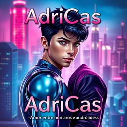 A captivating book cover for 'AdriCas - Amor entre humanos e andróides', featuring a futuristic cityscape in the background, illuminated by neon lights