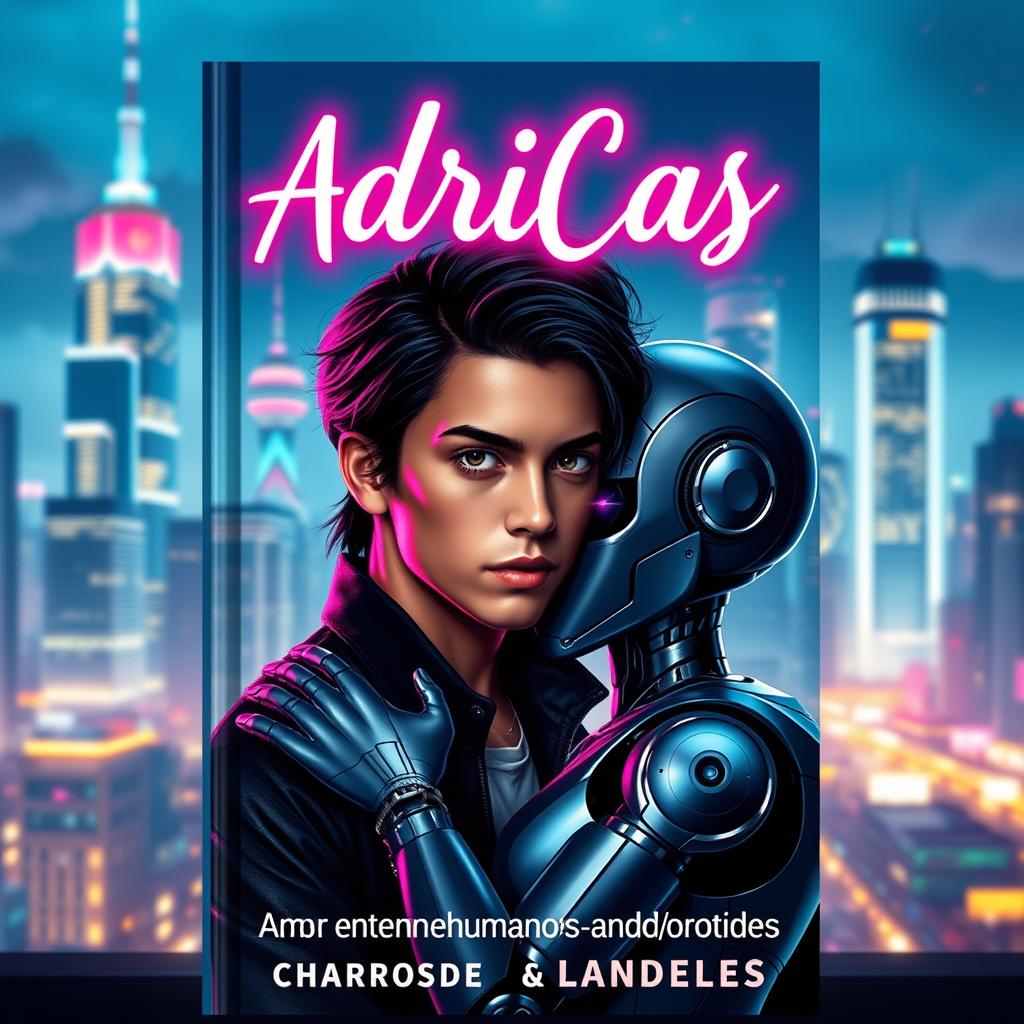 A captivating book cover for 'AdriCas - Amor entre humanos e andróides', featuring a futuristic cityscape in the background, illuminated by neon lights