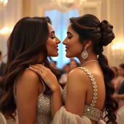 A captivating close-up of two beautiful women, Disha Patani and Mouni Roy, engaged in a romantic kiss