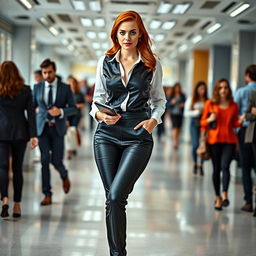 A full-length photograph of a gorgeous young woman secretary with flame red hair and bright blue eyes