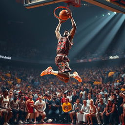 A breathtaking scene of a basketball court filled with iconic basketball legends as they watch in awe