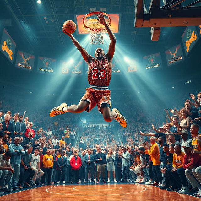 A breathtaking scene of a basketball court filled with iconic basketball legends as they watch in awe