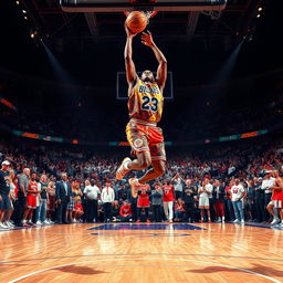 A breathtaking scene of a basketball court filled with iconic basketball legends as they watch in awe