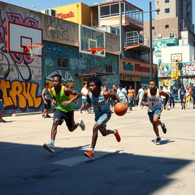 A vibrant street basketball scene where players are engaged in a lively game of tag