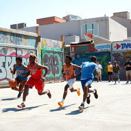 A vibrant street basketball scene where players are engaged in a lively game of tag