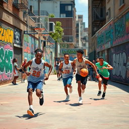 A vibrant street basketball scene where players are engaged in a lively game of tag