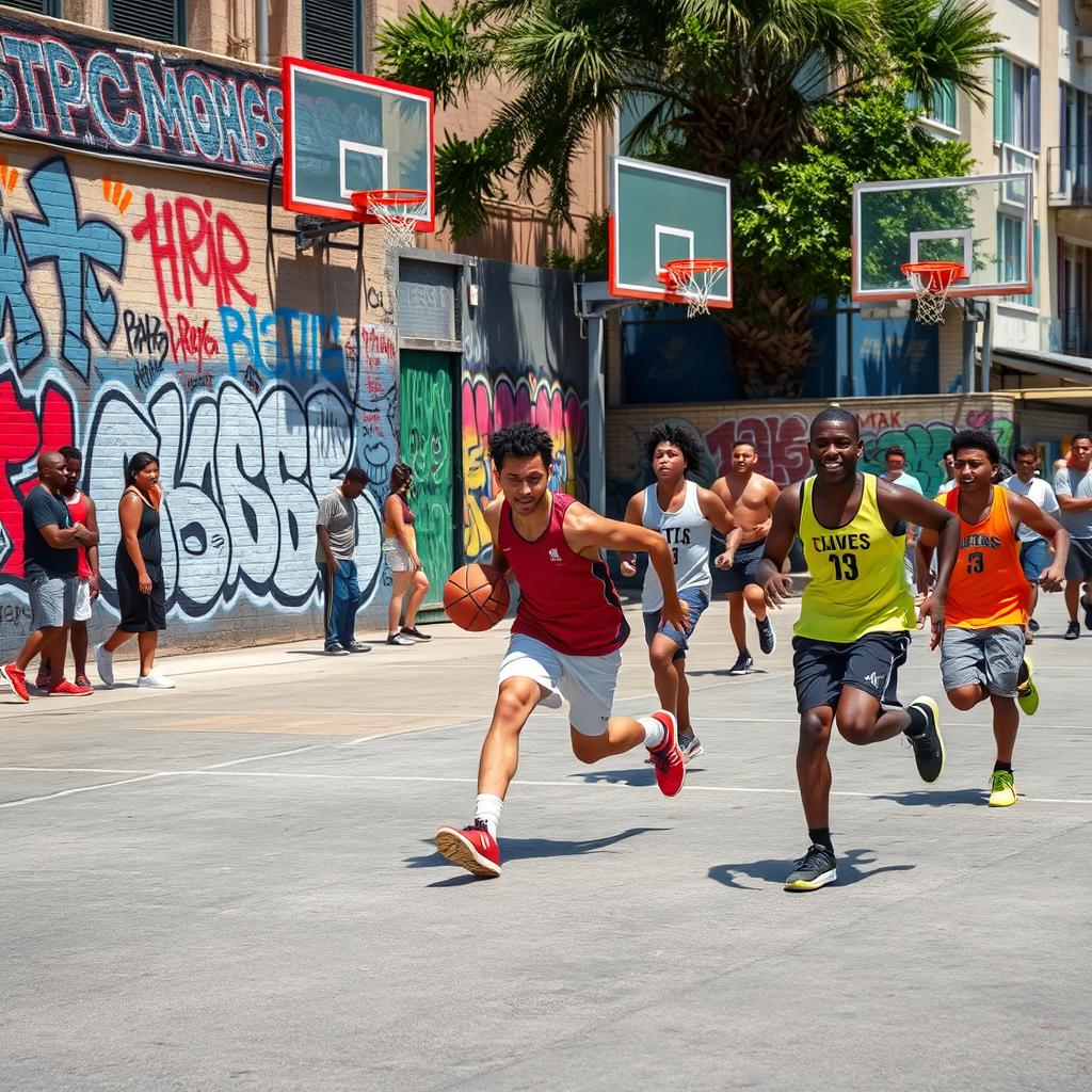 A vibrant street basketball scene where players are engaged in a lively game of tag