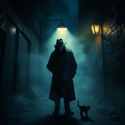 A mysterious detective themed scene titled "Fear in the Darkness", featuring a shadowy figure of a detective wearing a classic trench coat and fedora, illuminated by a single streetlight in an eerie, foggy alley