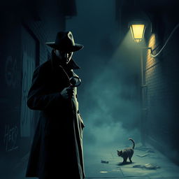 A mysterious detective themed scene titled "Fear in the Darkness", featuring a shadowy figure of a detective wearing a classic trench coat and fedora, illuminated by a single streetlight in an eerie, foggy alley