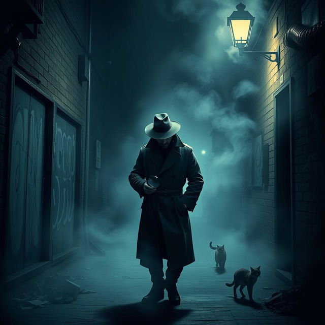 A mysterious detective themed scene titled "Fear in the Darkness", featuring a shadowy figure of a detective wearing a classic trench coat and fedora, illuminated by a single streetlight in an eerie, foggy alley