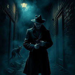 A mysterious detective themed scene titled "Fear in the Darkness", featuring a shadowy figure of a detective wearing a classic trench coat and fedora, illuminated by a single streetlight in an eerie, foggy alley