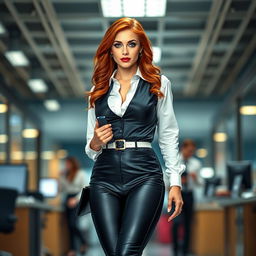 A full-length photograph of a beautiful young woman secretary with flame red hair and captivating blue eyes