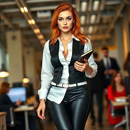 A full-length photograph of a beautiful young woman secretary with flame red hair and captivating blue eyes