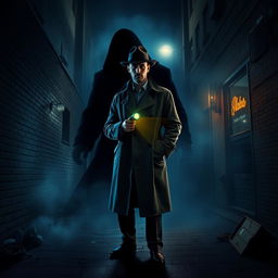 A dramatic detective scene titled "Fear in the Darkness", showcasing a detective standing confidently in a dimly lit alley at night