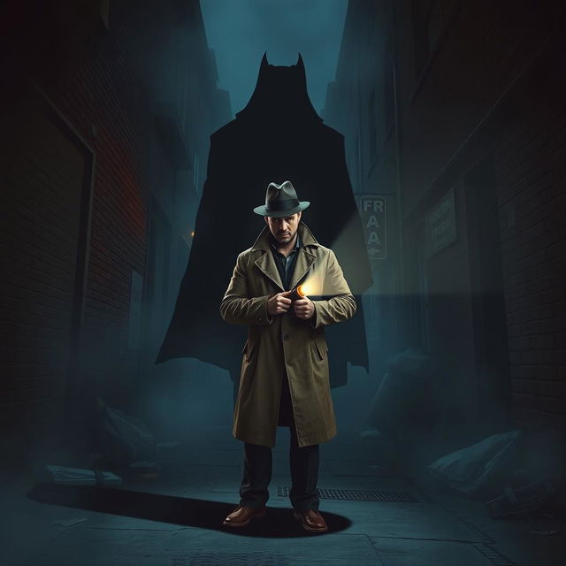 A dramatic detective scene titled "Fear in the Darkness", showcasing a detective standing confidently in a dimly lit alley at night