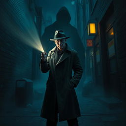 A dramatic detective scene titled "Fear in the Darkness", showcasing a detective standing confidently in a dimly lit alley at night