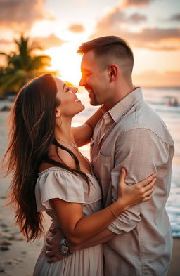 A passionate couple embracing under a romantic sunset, their faces close together with intense expressions of love and desire