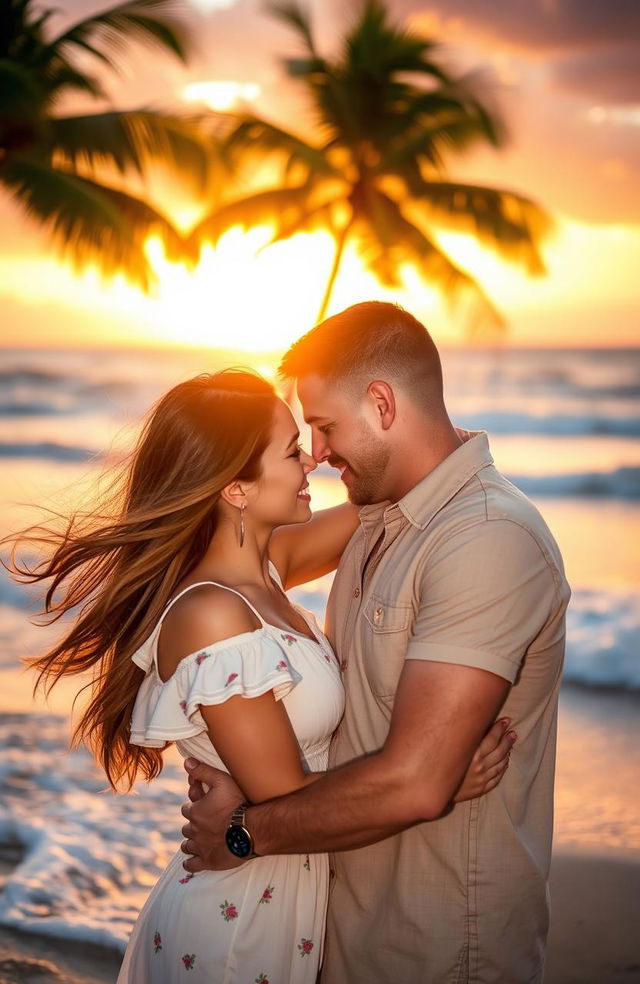 A passionate couple embracing under a romantic sunset, their faces close together with intense expressions of love and desire