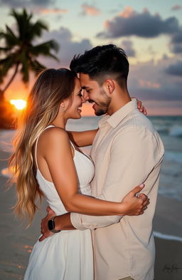 A passionate couple embracing under a romantic sunset, their faces close together with intense expressions of love and desire