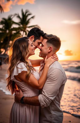 A passionate couple embracing under a romantic sunset, their faces close together with intense expressions of love and desire