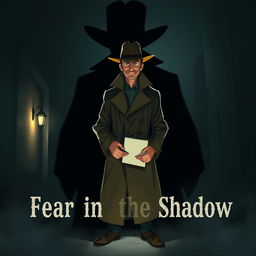 A captivating detective scene titled "Fear in the Shadow", featuring a detective standing confidently in an ominous setting
