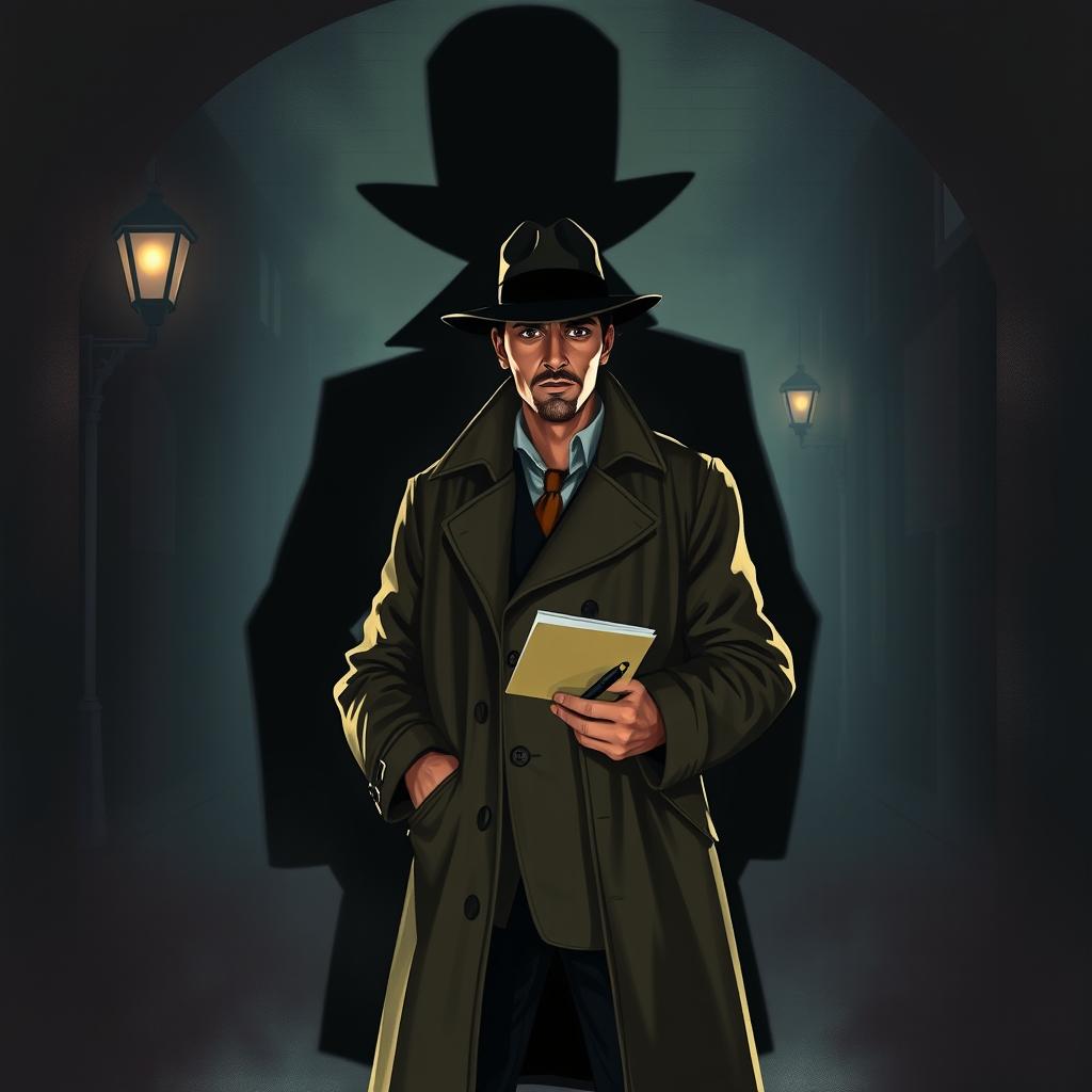 A captivating detective scene titled "Fear in the Shadow", featuring a detective standing confidently in an ominous setting