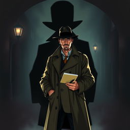 A captivating detective scene titled "Fear in the Shadow", featuring a detective standing confidently in an ominous setting