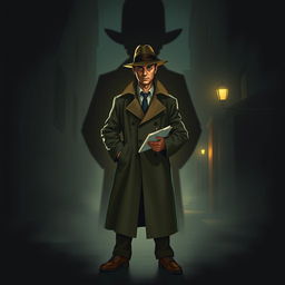 A captivating detective scene titled "Fear in the Shadow", featuring a detective standing confidently in an ominous setting