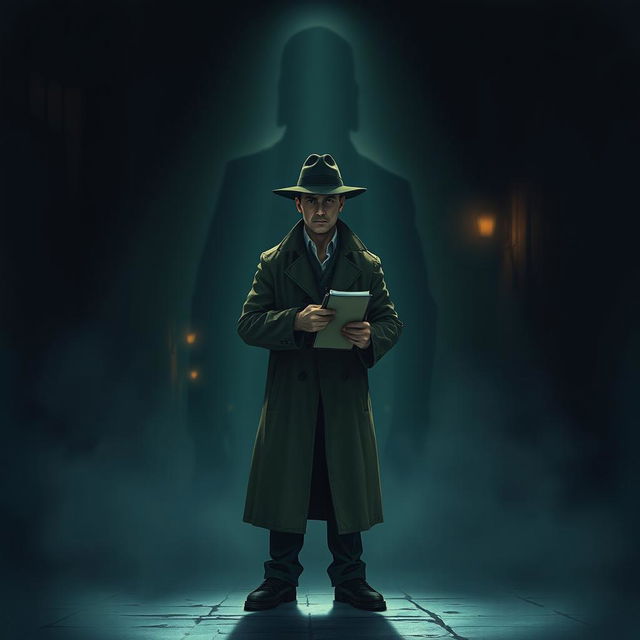 A captivating detective scene titled "Fear in the Shadow", featuring a detective standing confidently in an ominous setting