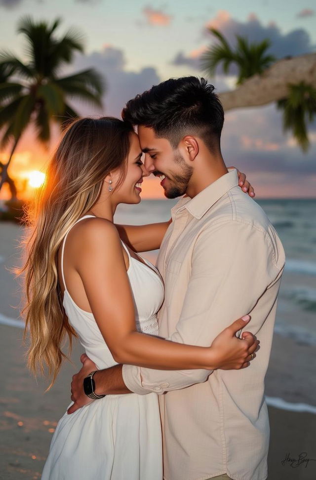 A passionate couple embracing on a beach at sunset, their foreheads touching while sharing a joyful and intimate moment