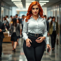 A full-length photograph of a voluptuous young woman secretary with striking flame red hair and captivating blue eyes