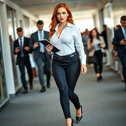 A full-length photograph of a voluptuous young woman secretary with striking flame red hair and captivating blue eyes