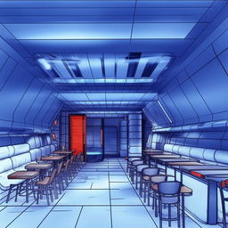 Sketch-style interior of a futuristic restaurant with six dining tables, a counter to the right, a door straight ahead, and a sofa to the left of the door.