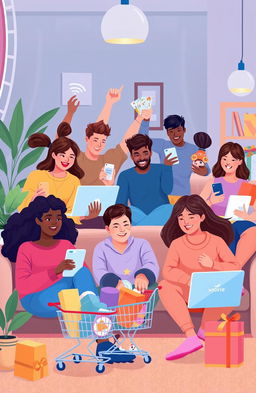 A vibrant illustration showcasing the modern online shopping experience, featuring a diverse group of enthusiastic young adults engaged in shopping on laptops and smartphones