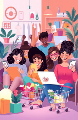 A vibrant illustration showcasing the modern online shopping experience, featuring a diverse group of enthusiastic young adults engaged in shopping on laptops and smartphones