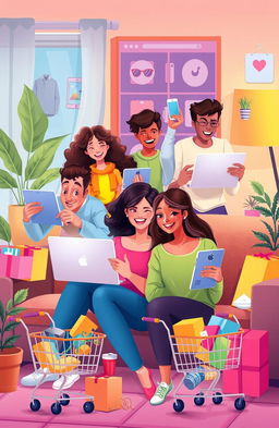 A vibrant illustration showcasing the modern online shopping experience, featuring a diverse group of enthusiastic young adults engaged in shopping on laptops and smartphones