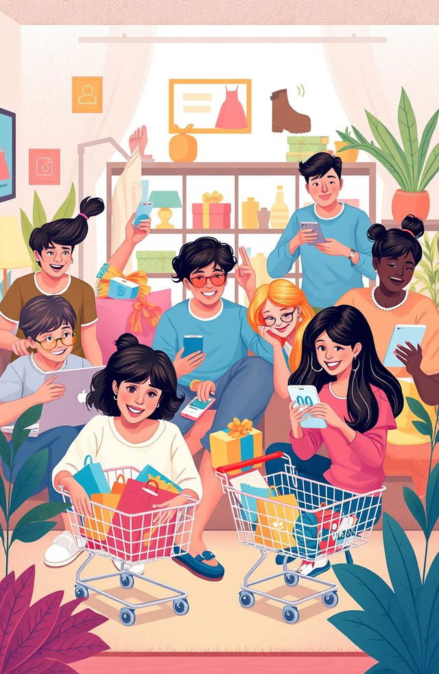 A vibrant illustration showcasing the modern online shopping experience, featuring a diverse group of enthusiastic young adults engaged in shopping on laptops and smartphones