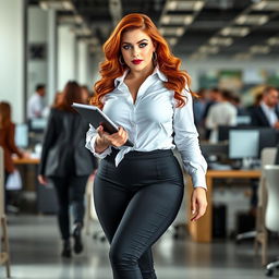 A full-length photograph of a voluptuous young woman secretary with stunning flame red hair and striking blue eyes