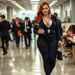 A full-length photograph of a voluptuous young woman secretary with stunning flame red hair and striking blue eyes
