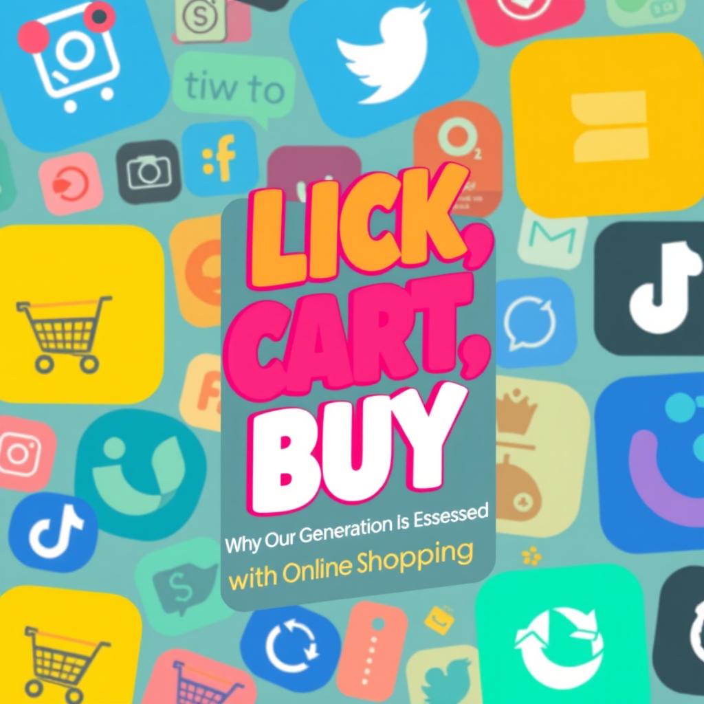 A modern eBook cover titled 'Click, Cart, Buy: Why Our Generation Is Obsessed with Online Shopping', featuring a vibrant, eye-catching design