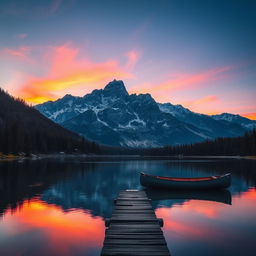 An elegant sunset over a serene mountain landscape, with vibrant hues of orange, pink, and purple reflecting off a tranquil lake surrounded by pine trees