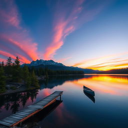 An elegant sunset over a serene mountain landscape, with vibrant hues of orange, pink, and purple reflecting off a tranquil lake surrounded by pine trees