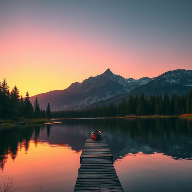 An elegant sunset over a serene mountain landscape, with vibrant hues of orange, pink, and purple reflecting off a tranquil lake surrounded by pine trees