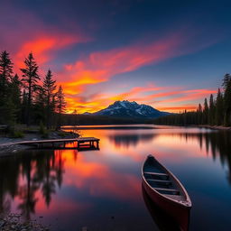 An elegant sunset over a serene mountain landscape, with vibrant hues of orange, pink, and purple reflecting off a tranquil lake surrounded by pine trees